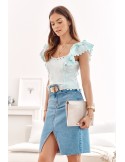 Short blouse with ruffles and guipure, light blue 517 - Online store - Boutique